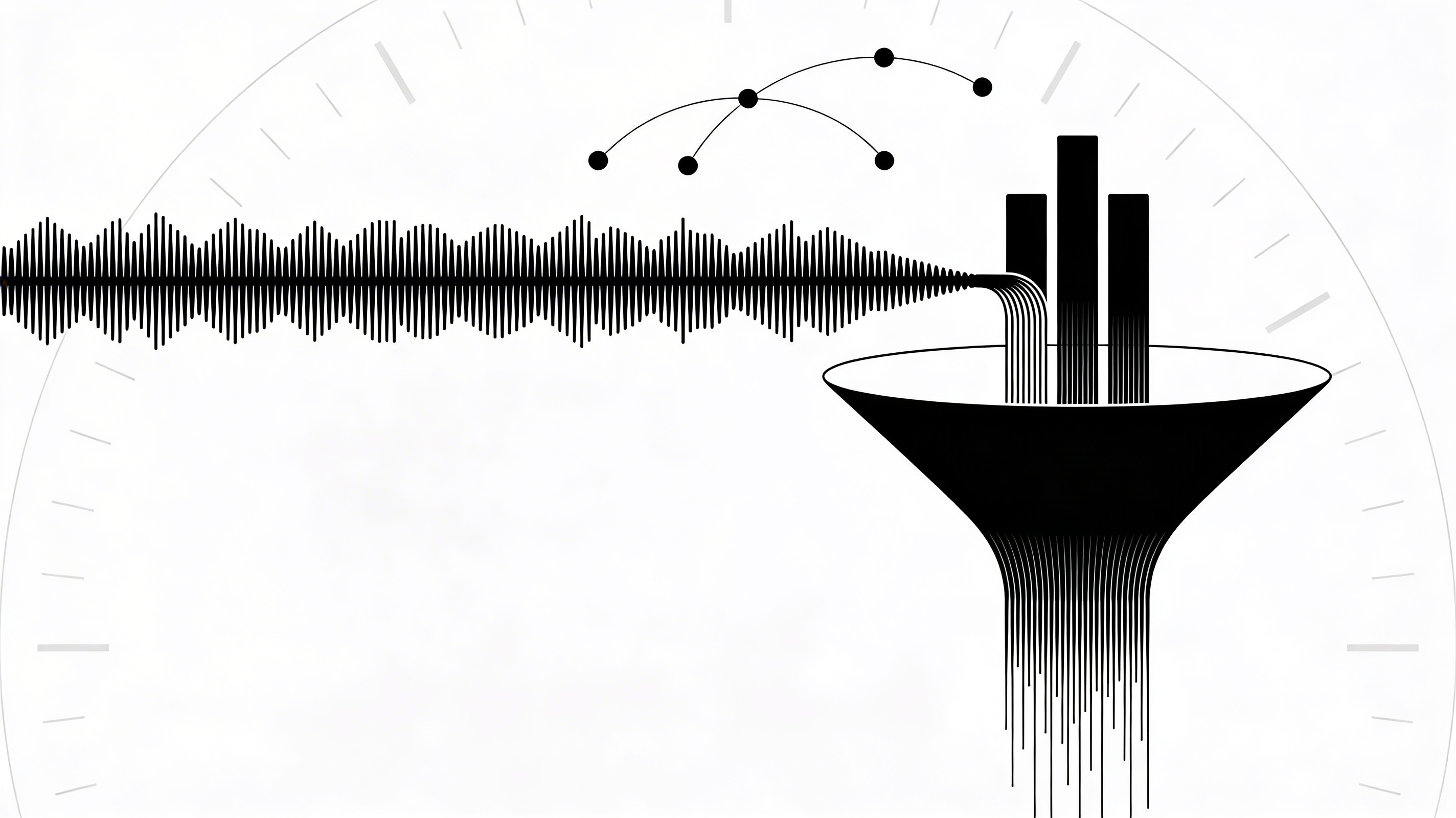 A sound wave being filtered through a funnel into a narrow stream, symbolizing algorithmic gatekeeping in music