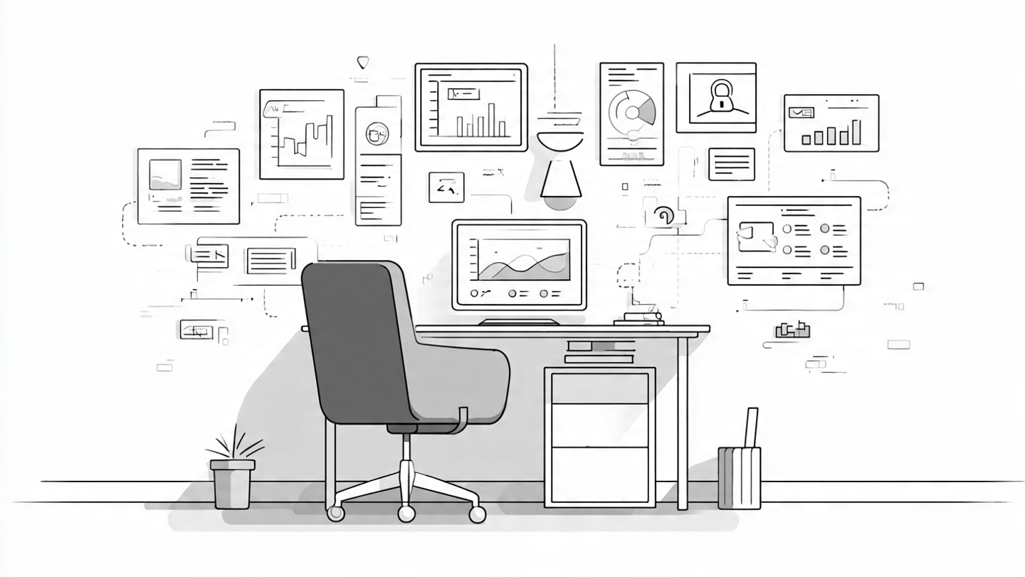 A desk workstation surrounded by multiple analytics dashboards and data visualization screens