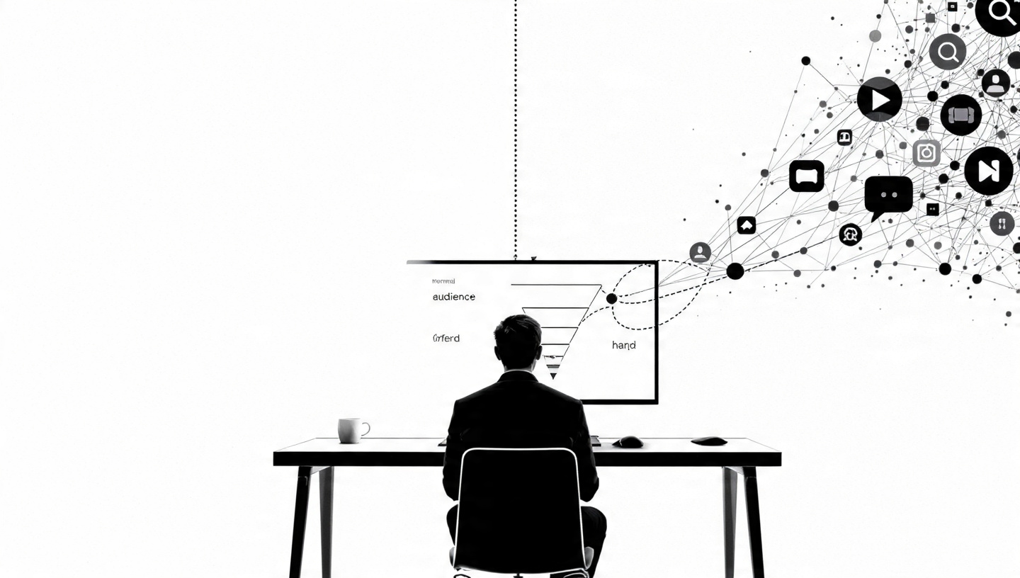 A marketer at a desk facing a screen showing a funnel, surrounded by a network of social and digital platform icons