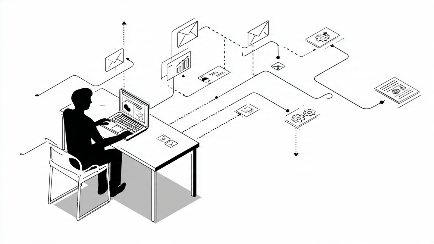 A person at a laptop with automated marketing workflows branching out around them