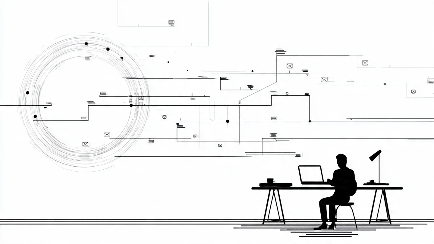 A solopreneur at a desk with email and automation flow diagrams radiating outward