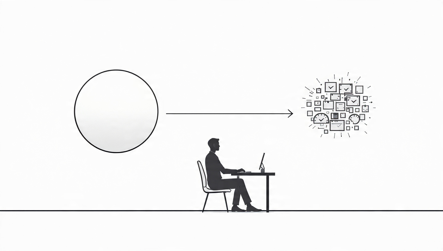 A person at a desk with a large circle and scattered dashboard elements representing objectives and metrics