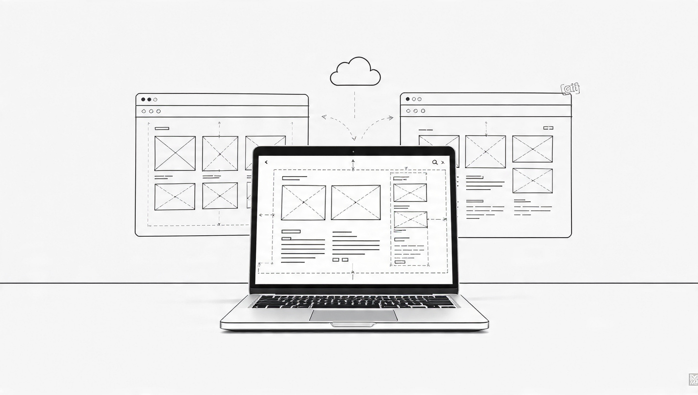 Minimalist monochrome illustration of a laptop with wireframe layouts and cloud deployment, representing a site rebuild process