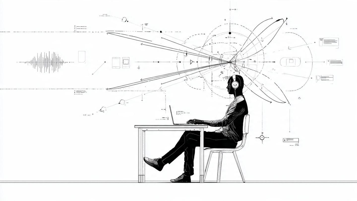 An artist at a laptop with music promotion signals and connections radiating outward
